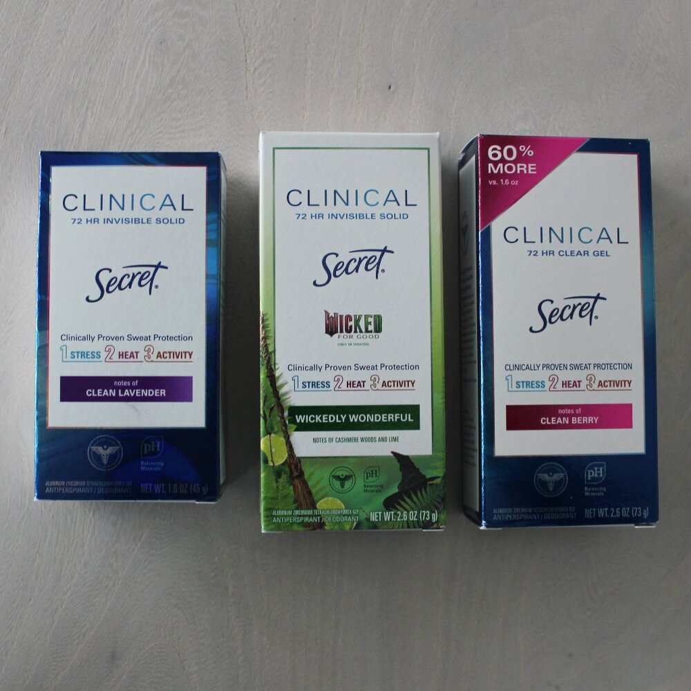 3 NEW Secret Clinical 72 Hour Antiperspirants Deodorants Wicked, Lavender, Berry